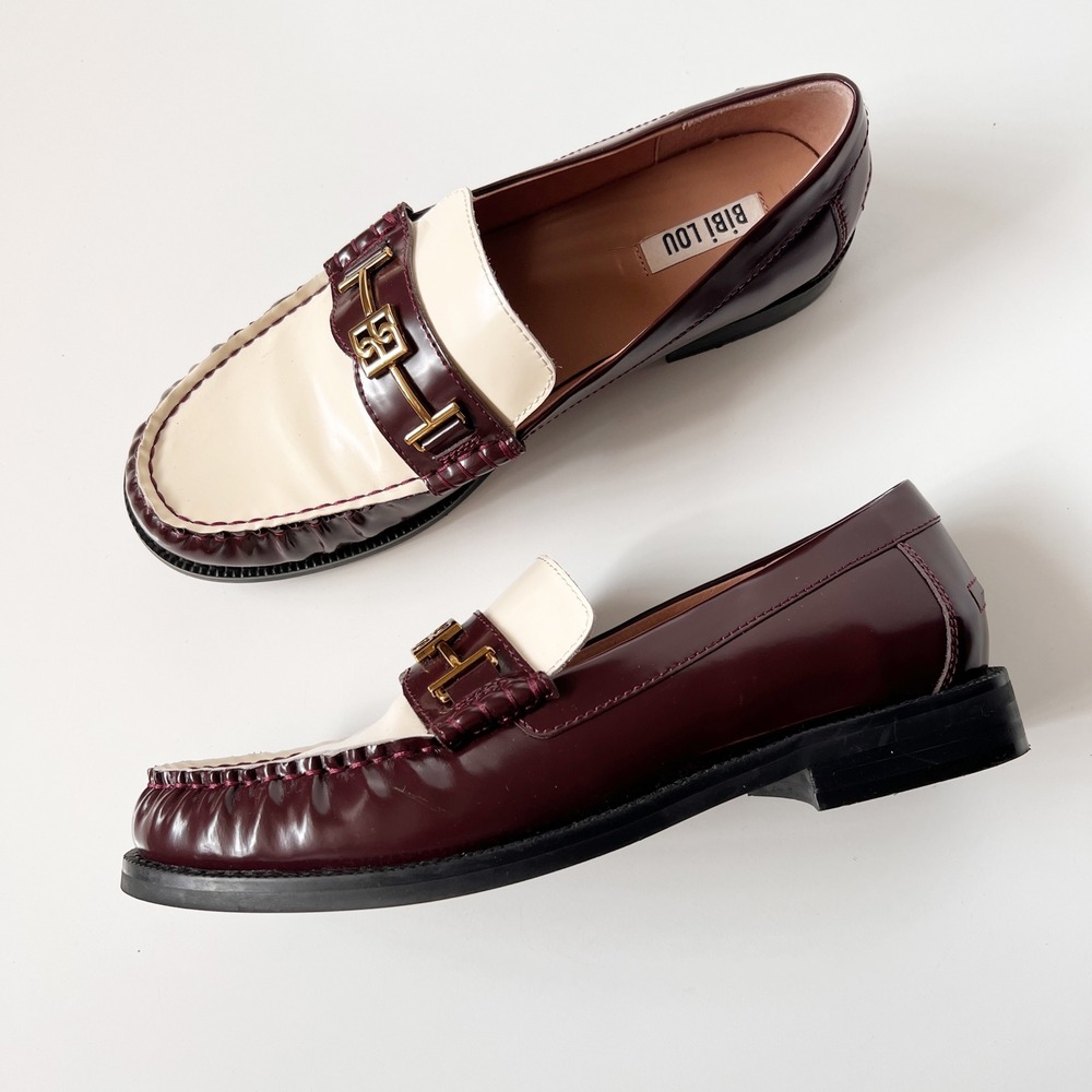 Bibi Lou Loafers Size 40 Burgundy Cream Patent Leather Horsebit Preppy Flat Shoe